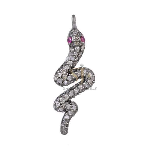 925 Sterling Silver Pave Diamond With Ruby Snake Charm Pendant Jewelry